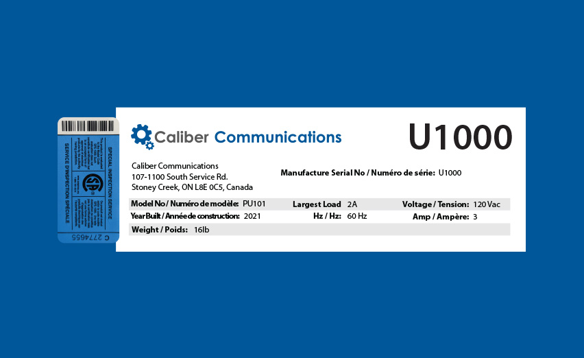 Caliber Communications CSA Inspected & SPE-1000 Compliant sticker