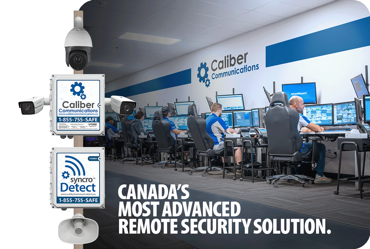Caliber Communications pole unit and syncroDetect device - UL & ULC Certified Video Monitoring Facility