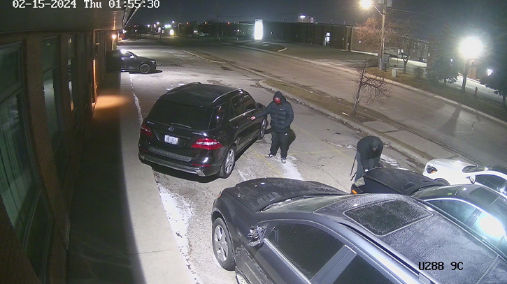 Two suspects are seen on camera attempting to steal vehicles